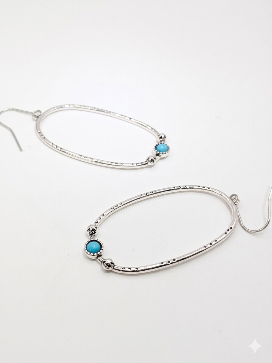 Textured Silver plated Oval Boho  Earrings Synthetic Turquoise Stone