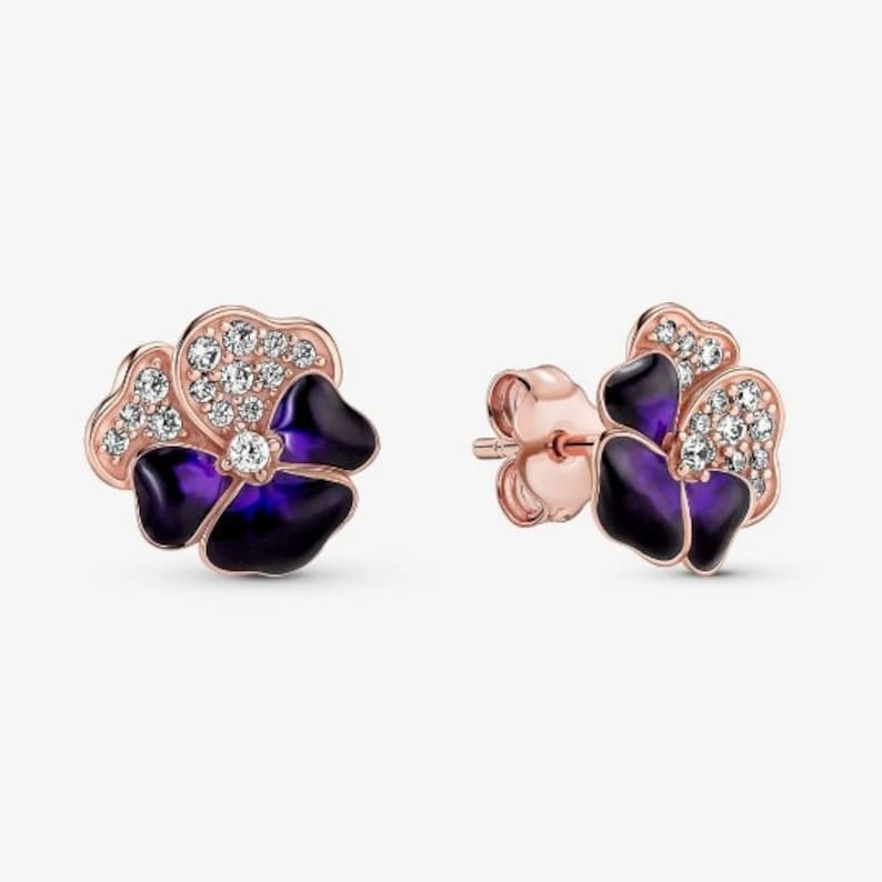 PANDORA Deep Purple Pansy Flower Stud Earrings 14K Gold Rose Plated  Sterling Silver