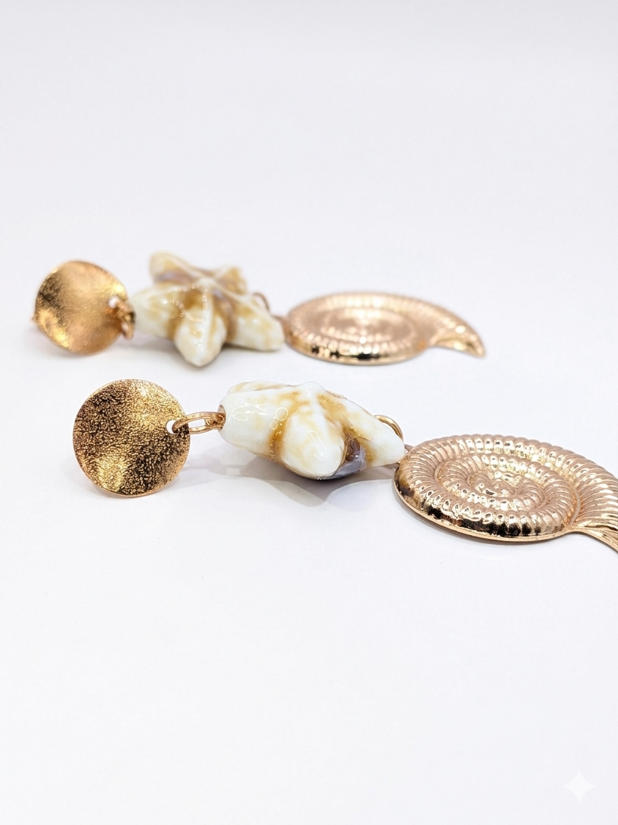 Surya Gold Seashell and ceramic Starfish Drop Earrings