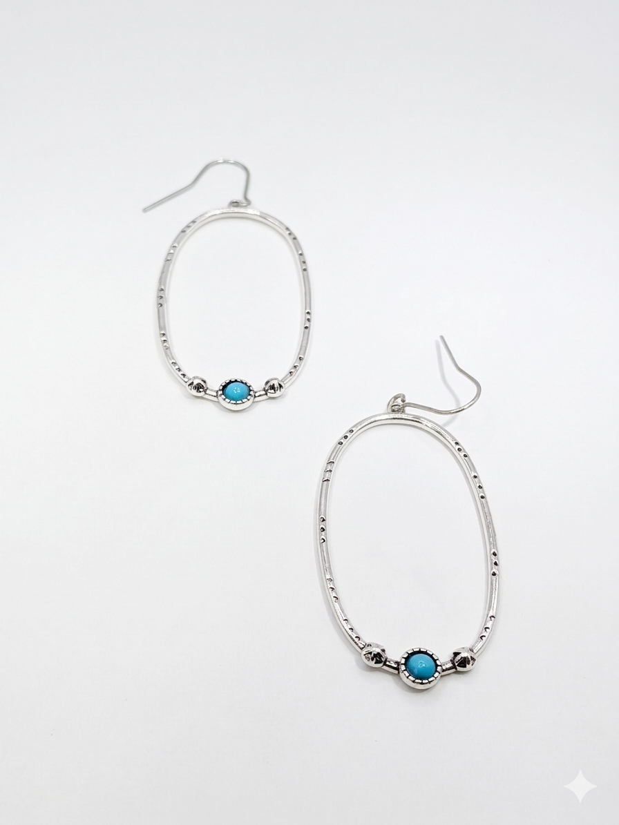 Textured Silver plated Oval Boho  Earrings Synthetic Turquoise Stone