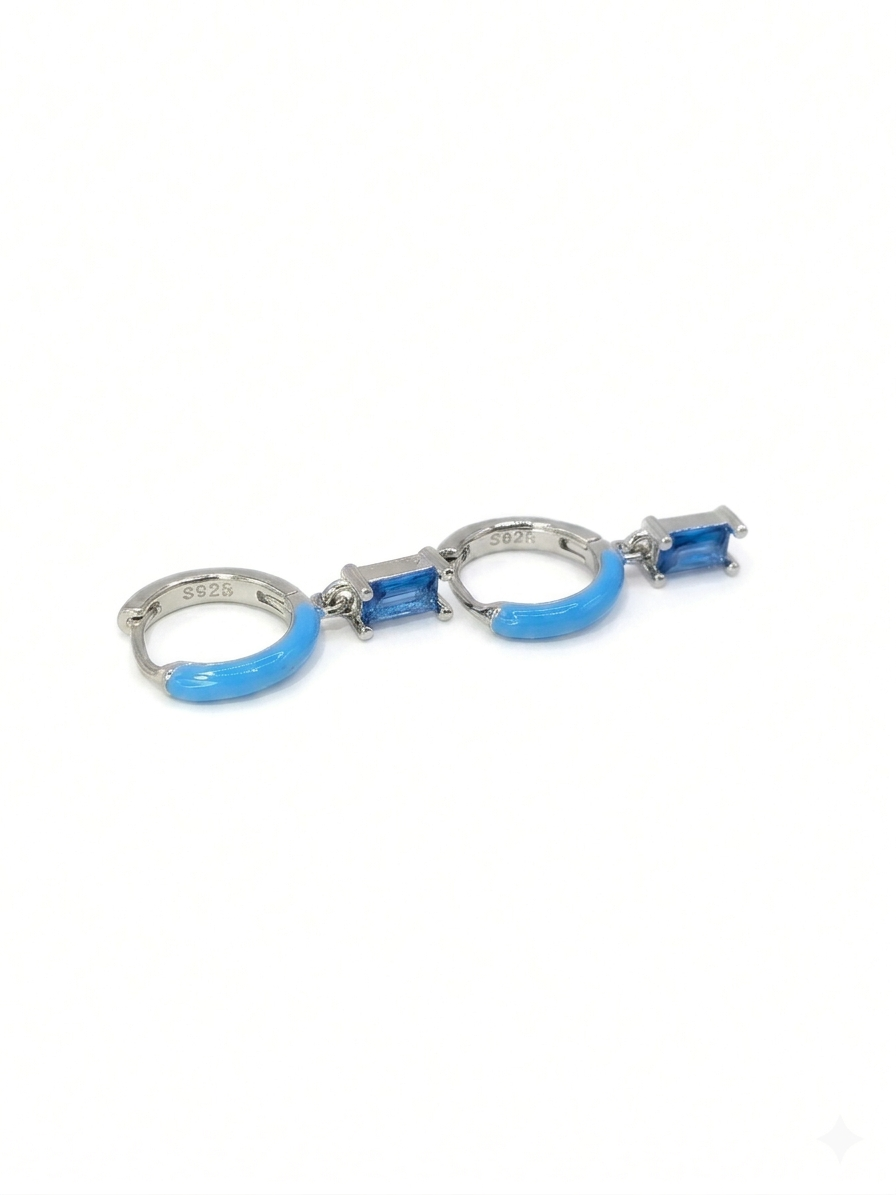 Sol & Sea Mediterranean Tide Sterling silver Enamel Hoops with dangle blue crystal