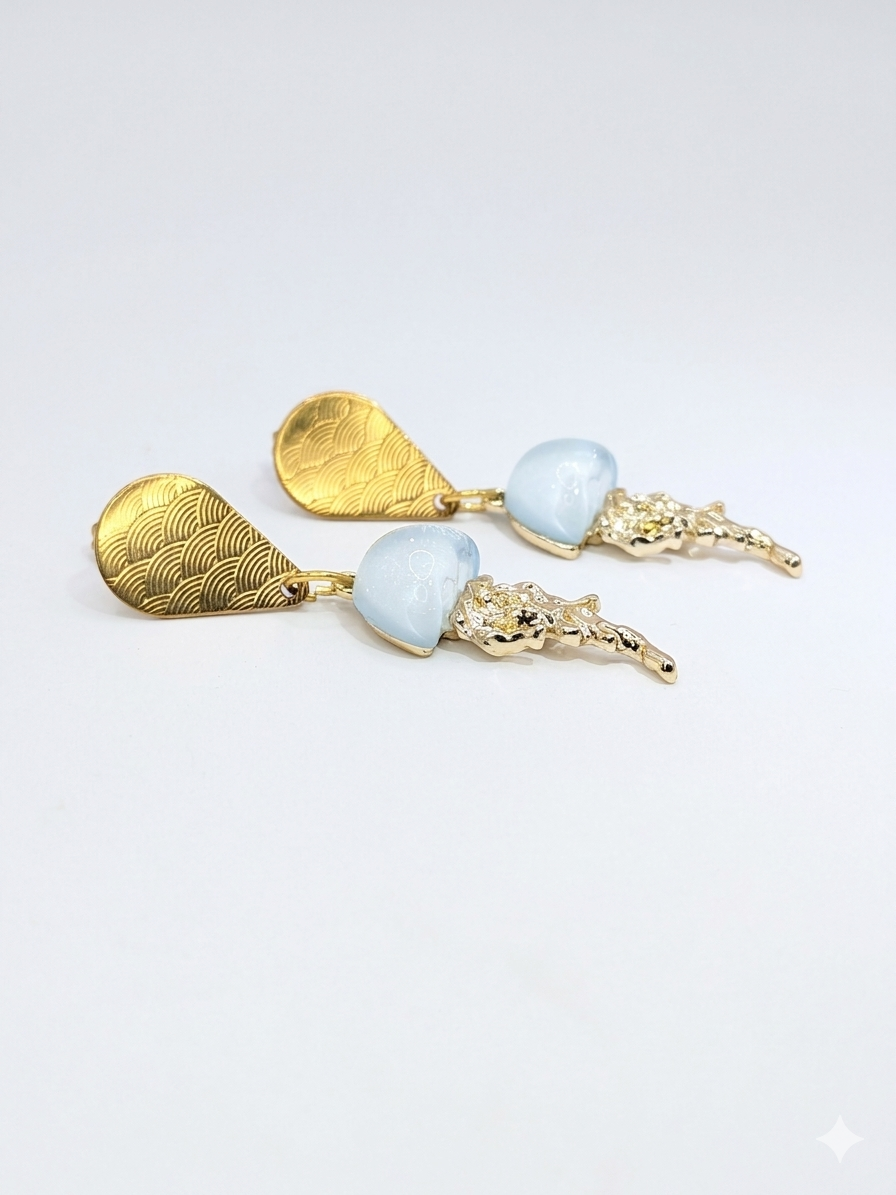 Boho Surya Statement jellyfish Earrings - Gold & Light Blue opalite