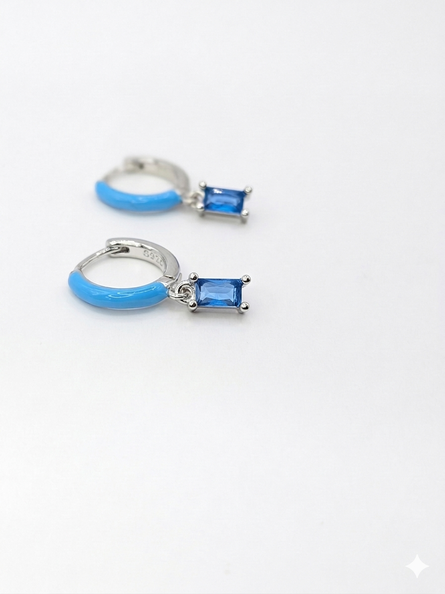 Sol & Sea Mediterranean Tide Sterling silver Enamel Hoops with dangle blue crystal