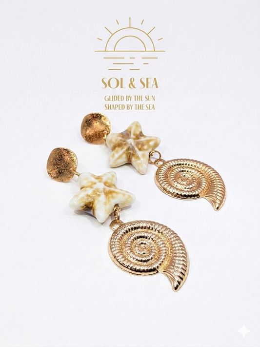SOL & SEA  Gold Seashell and ceramic Starfish Drop Earrings