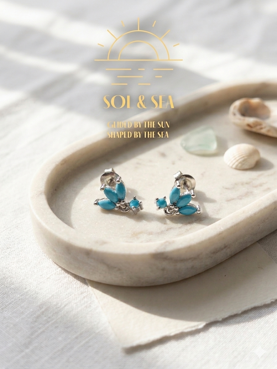 Sol & Sea Radiant Sterling silver Turquoise Marquise Botanical Symphony Heirloom Studs