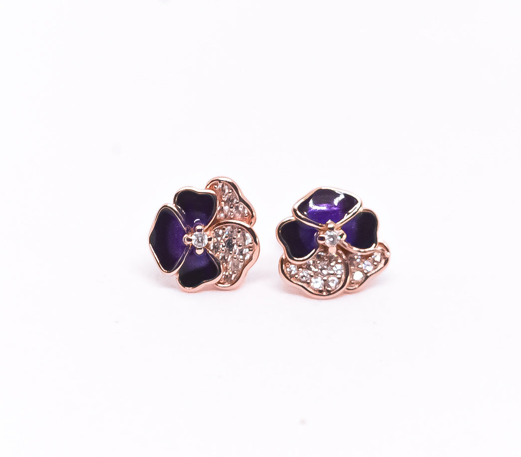 PANDORA Deep Purple Pansy Flower Stud Earrings 14K Gold Rose Plated  Sterling Silver