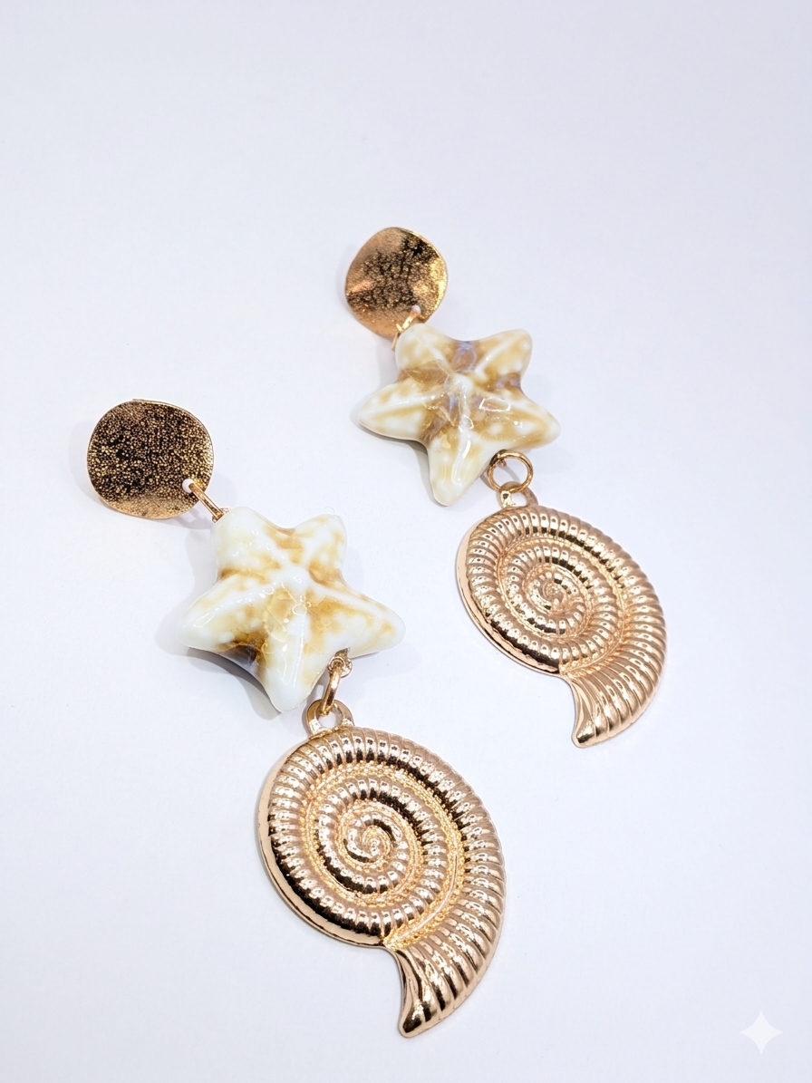 Surya Gold Seashell and ceramic Starfish Drop Earrings