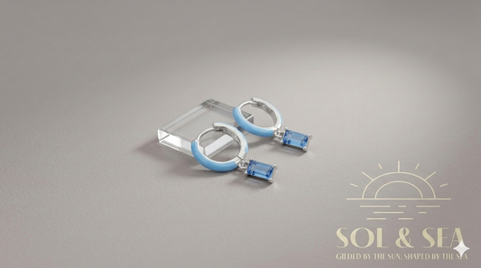 Sol & Sea Mediterranean Tide Sterling silver Enamel Hoops with dangle blue crystal