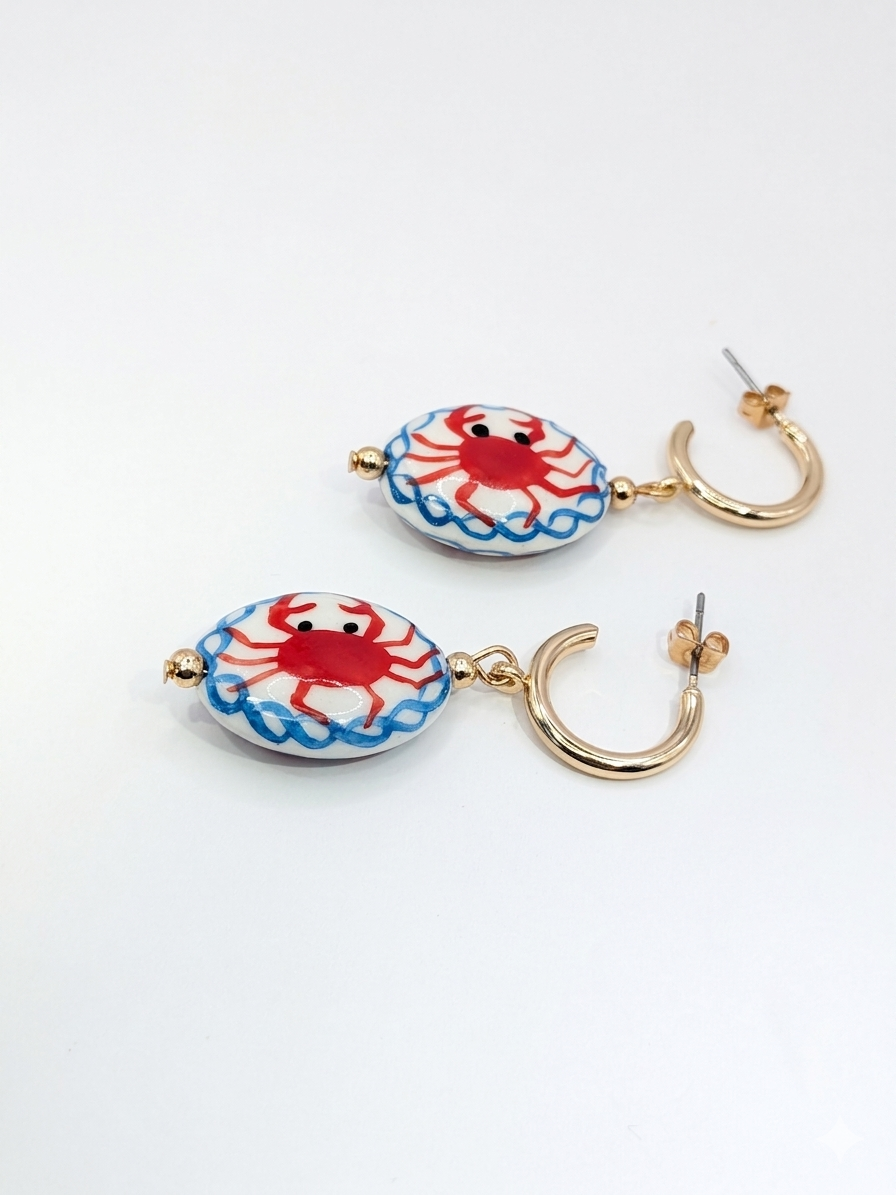 Boho Mediterranean-Inspired ceramic Crab Accent Hoops