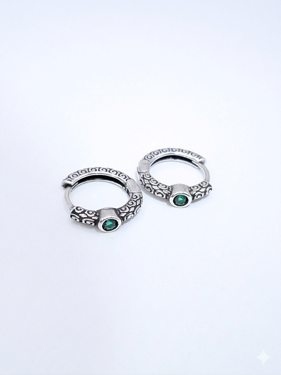 Surya ‘A Thousand Years’ Emerald & Sterling silver Oxidized Silver Huggie Earrings