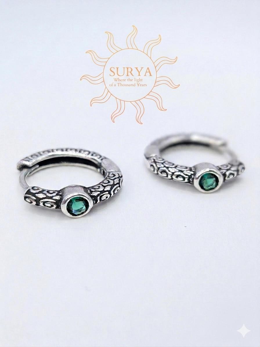 Surya ‘A Thousand Years’ Emerald & Sterling silver Oxidized Silver Huggie Earrings