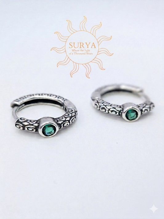 Surya ‘A Thousand Years’ Emerald & Sterling silver Oxidized Silver Huggie Earrings
