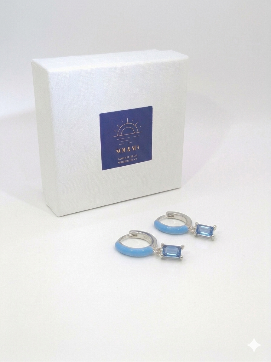 Sol & Sea Mediterranean Tide Sterling silver Enamel Hoops with dangle blue crystal