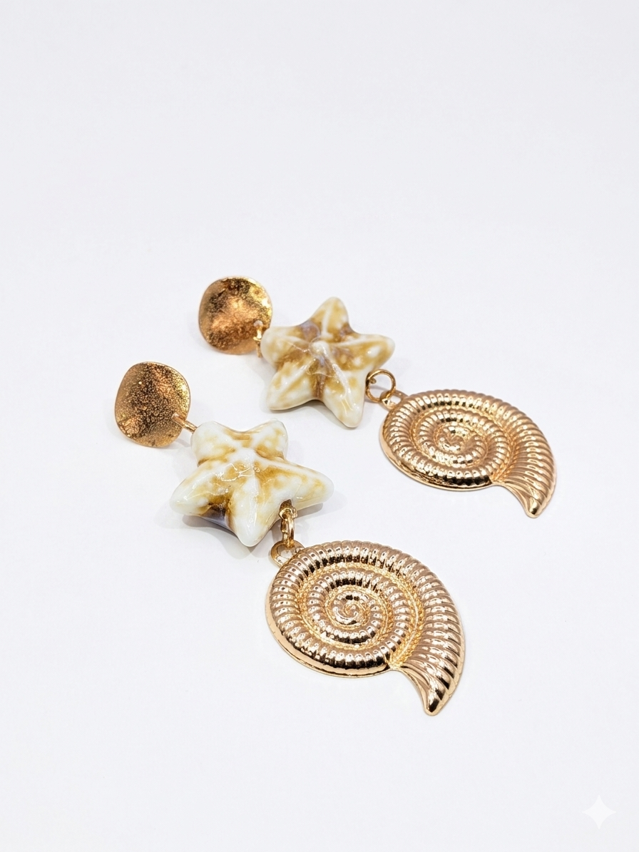 Surya Gold Seashell and ceramic Starfish Drop Earrings