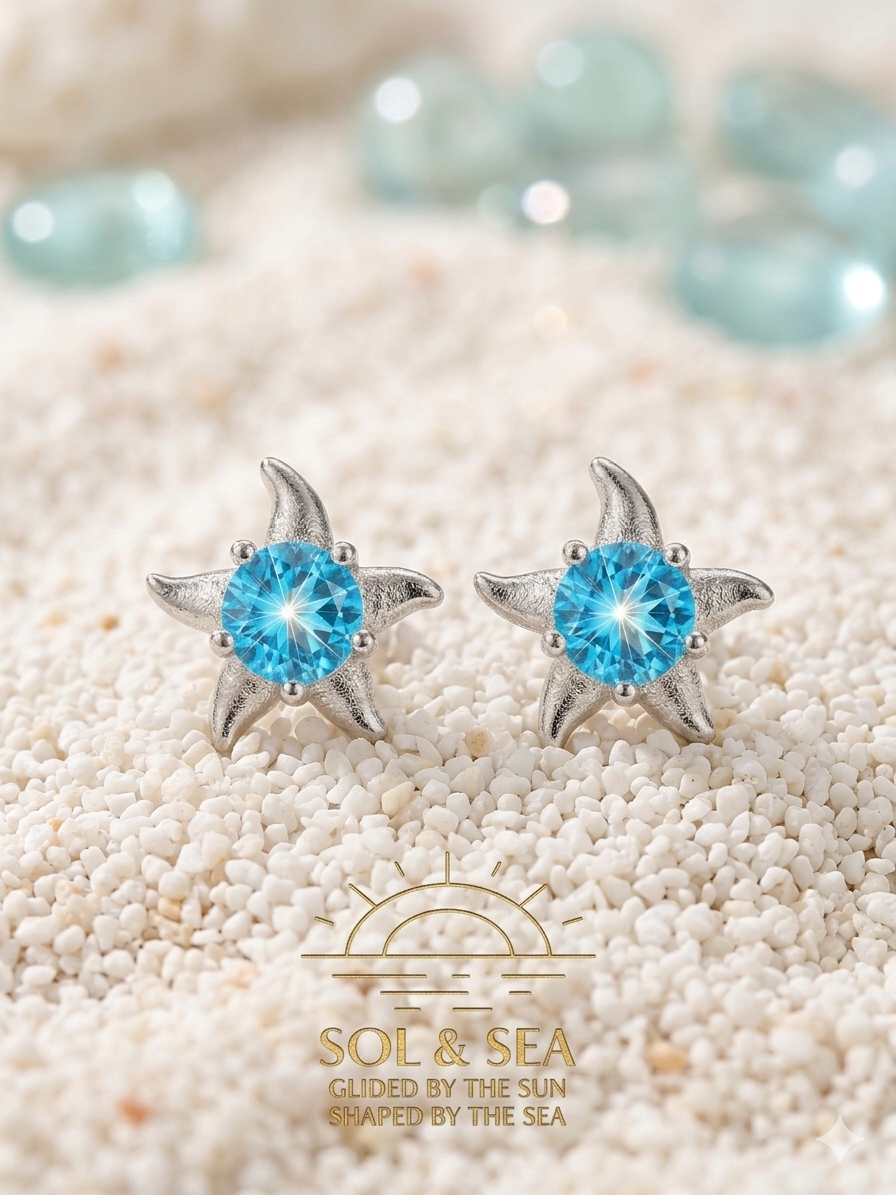 Sol & Sea The Shoreline Stud: Sterling Silver & Sapphire-Tone Starfish